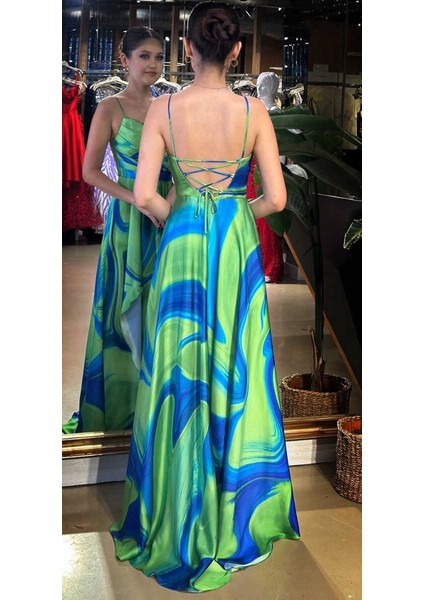 Saks Degaje Yaka Ip Askılı Sırt Dekolteli Yırtmaçlı Kloş Etekli Desenli Uzun Abiye Elbise 11082-01 fırsatları