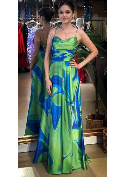 Saks Degaje Yaka Ip Askılı Sırt Dekolteli Yırtmaçlı Kloş Etekli Desenli Uzun Abiye Elbise 11082-01 indirimleri