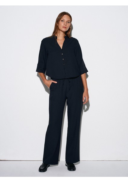 72195 Beli Lastikli Salaş Pantolon-Siyah