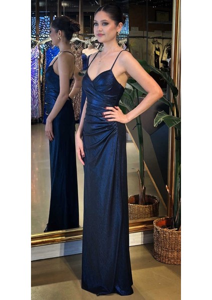 Lacivert V Yaka Ip Askılı Sırt Dekolteli Düz Kesim Parlak Kumaş Uzun Abiye Elbise 11086-05