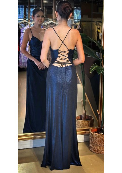 Lacivert V Yaka Ip Askılı Sırt Dekolteli Düz Kesim Parlak Kumaş Uzun Abiye Elbise 11086-05 fırsatları