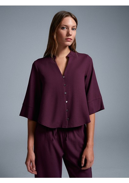 50530 V Yaka Düğmeli Bluz-Bordo
