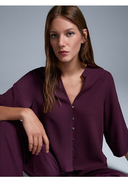 50530 V Yaka Düğmeli Bluz-Bordo modelleri