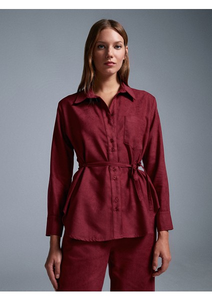 50518 Kemerli Süet Gömlek-Bordo