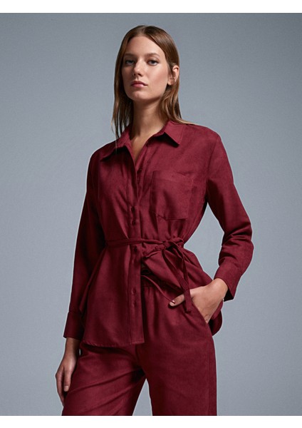 50518 Kemerli Süet Gömlek-Bordo modelleri