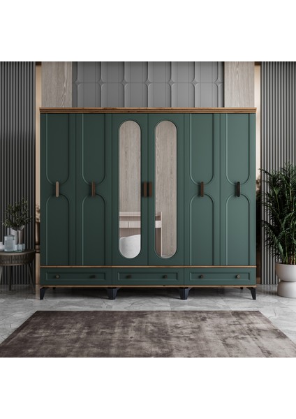 Loren 6 Kapaklı Çekmeceli Gardırop Tamamı Mdf (Yeşil)