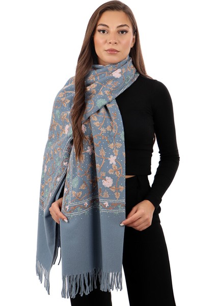 Indigo Taşlı Nakışlı Kışlık Şal