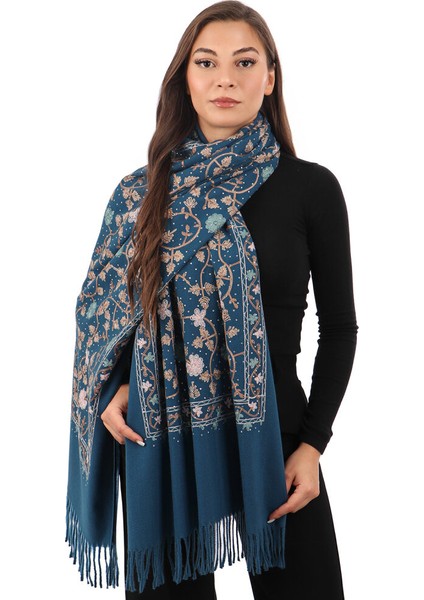 Petrol Mavi Taşlı Nakışlı Kışlık Şal