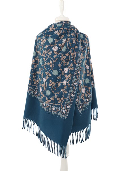Petrol Mavi Taşlı Nakışlı Kışlık Şal fiyatları
