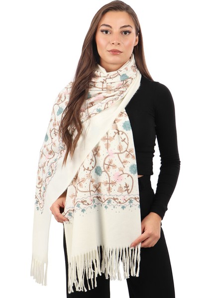 Krem Taşlı Nakışlı Kışlık Şal