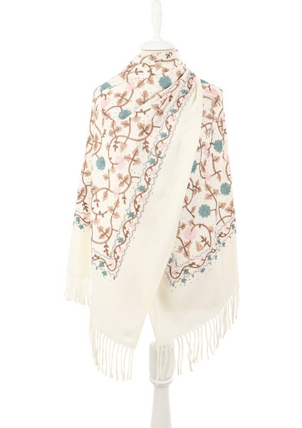 Krem Taşlı Nakışlı Kışlık Şal fiyatları