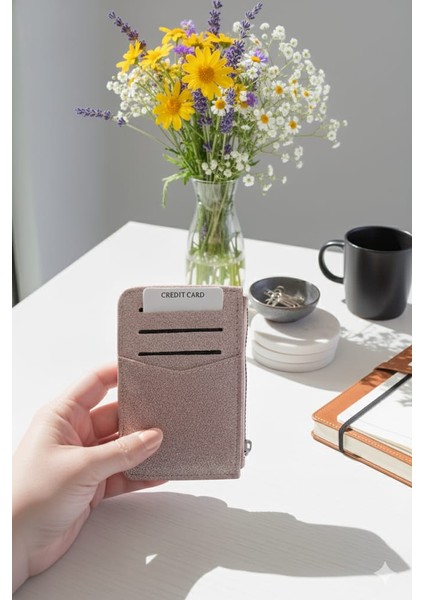 Pembe Fermuarlı Kadın Kartlık - Parlak Simli Fermuarlı Cüzdan