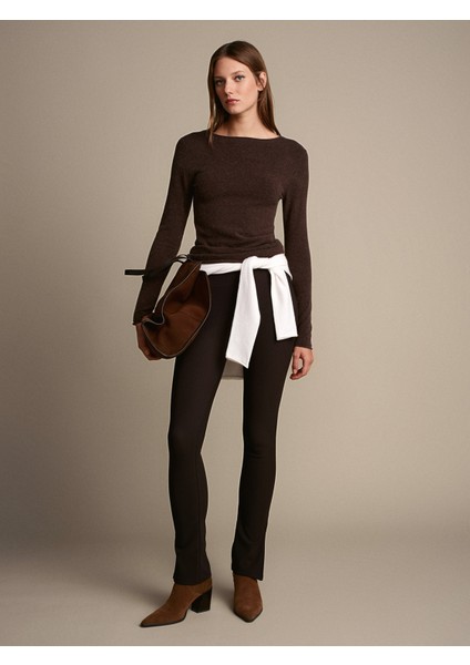 70385 Paçası Yırtmaçlı Tayt-Koyu Kahve