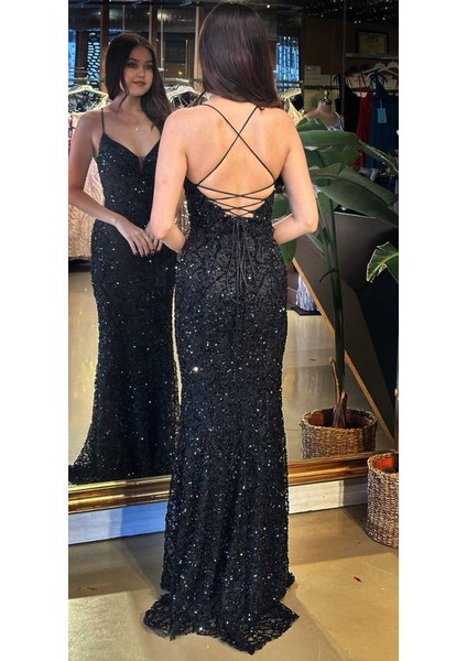 Mat Siyah V Yaka Ip Askılı Sırt Dekolteli Balık Etekli Pul Payet Uzun Abiye Elbise 11112-06 fırsatları