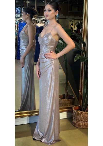 Vizon Rengi V Yaka Ip Askılı Sırt Dekolteli Düz Kesim Parlak Kumaş Uzun Abiye Elbise 11086-04