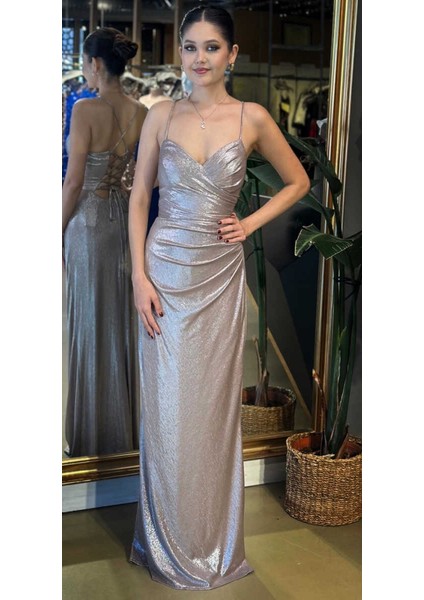 Vizon Rengi V Yaka Ip Askılı Sırt Dekolteli Düz Kesim Parlak Kumaş Uzun Abiye Elbise 11086-04 indirimleri