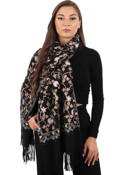 Siyah Taşlı Nakışlı Kışlık Şal