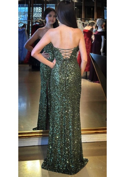 Olive Straplez Yaka Sırt Dekolteli Yırtmaçlı Düz Kesim Payet Uzun Abiye Elbise 11093 fırsatları