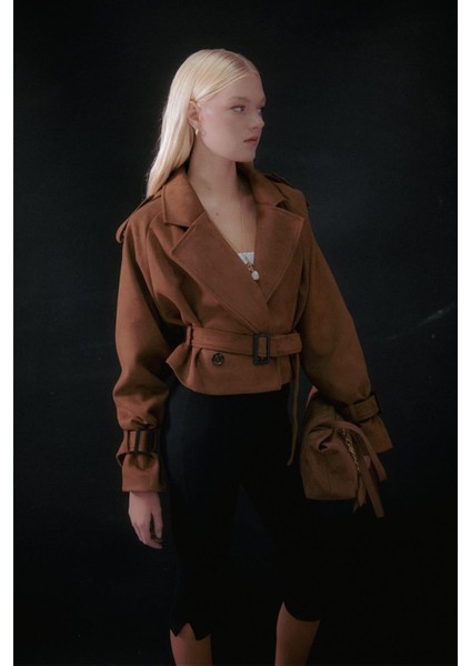 Kemerli Süet Kısa Ceket Kahverengi