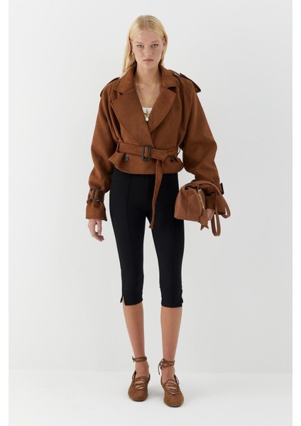 Kemerli Süet Kısa Ceket Kahverengi fiyatları