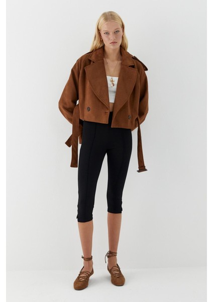 Kemerli Süet Kısa Ceket Kahverengi modelleri