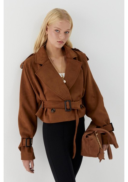 Kemerli Süet Kısa Ceket Kahverengi fırsatları