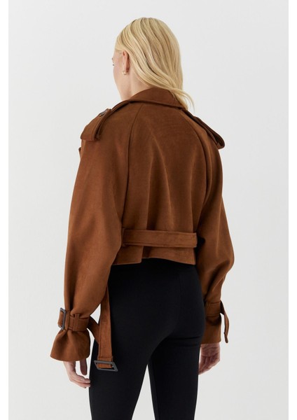 Kemerli Süet Kısa Ceket Kahverengi indirimleri