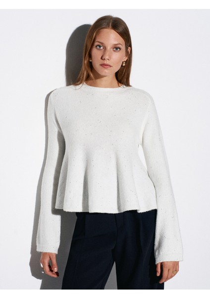 10832 Peplum Parıltılı Triko Kazak-Ekru