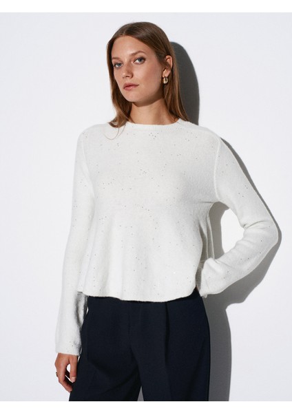 10832 Peplum Parıltılı Triko Kazak-Ekru modelleri