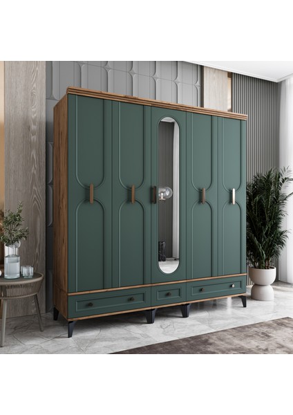 Loren 5 Kapaklı Çekmeceli Gardırop Tamamı Mdf (Yeşil) fiyatları