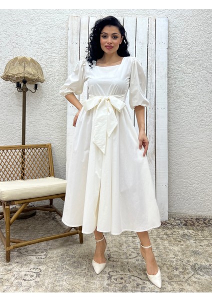 Beyaz Uzun Fiyonklu Kloş Poplin Elbise