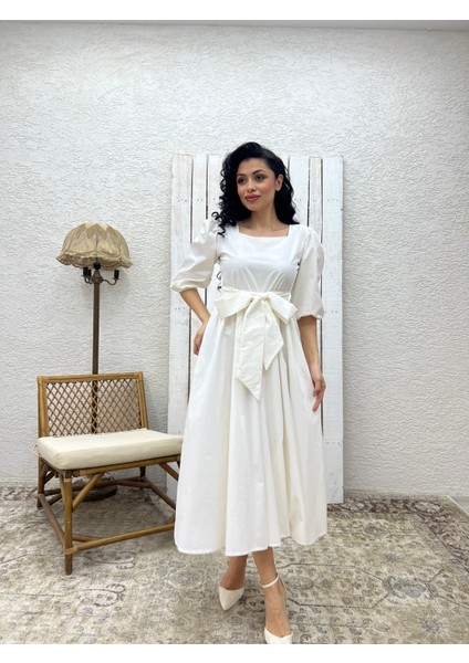 Beyaz Uzun Fiyonklu Kloş Poplin Elbise fiyatları