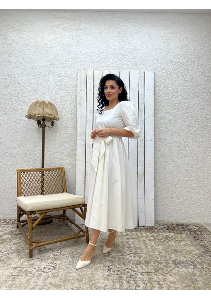 Beyaz Uzun Fiyonklu Kloş Poplin Elbise modelleri