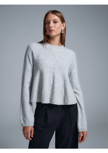 10832 Peplum Parıltılı Triko Kazak-Gri