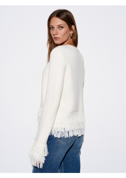 60993 Kolu Püsküllü Triko Hırka-Ekru fiyatları