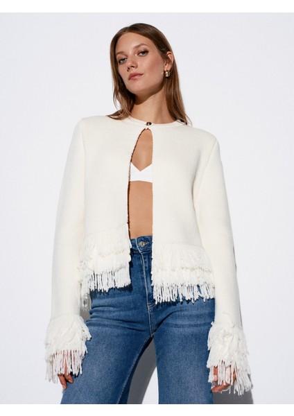 60993 Kolu Püsküllü Triko Hırka-Ekru modelleri