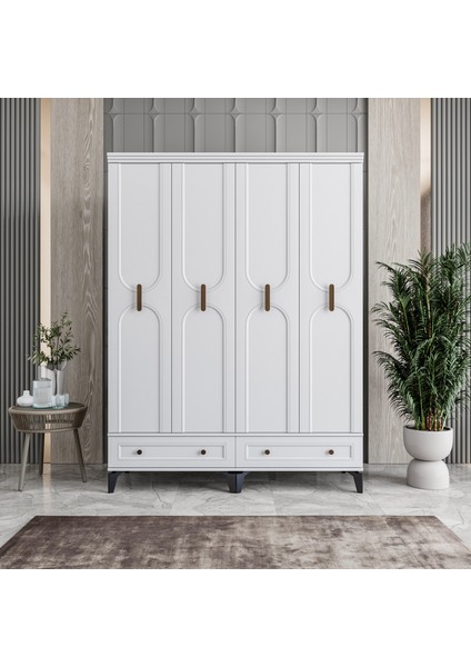 Loren 4 Kapaklı Çekmeceli Gardırop Tamamı Mdf (Beyaz)