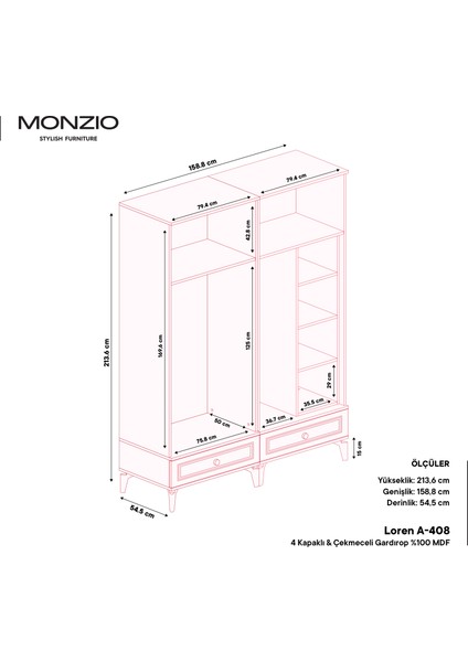 Loren 4 Kapaklı Çekmeceli Gardırop Tamamı Mdf (Beyaz) fırsatları