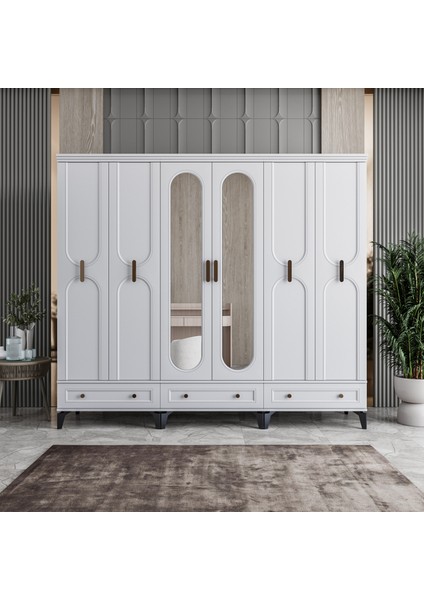 Loren 6 Kapaklı Çekmeceli Gardırop Tamamı Mdf (Beyaz)