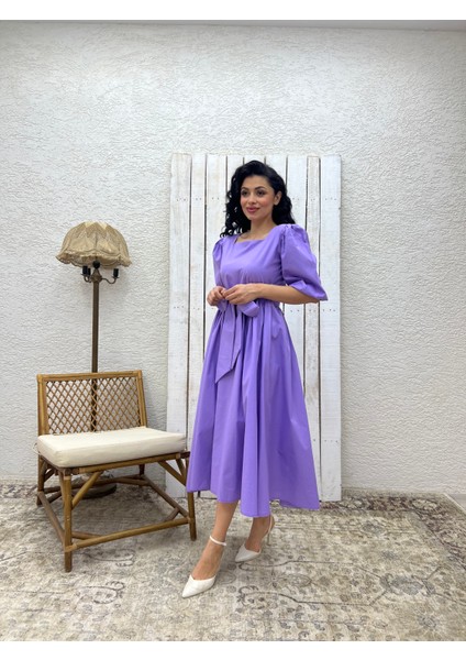 Lila Uzun Fiyonklu Kloş Poplin Elbise fiyatları