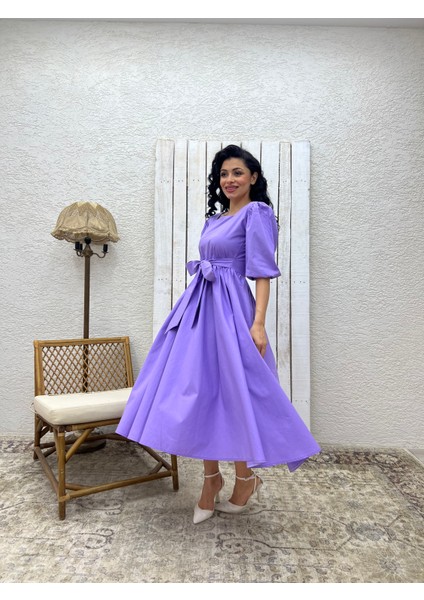 Lila Uzun Fiyonklu Kloş Poplin Elbise modelleri