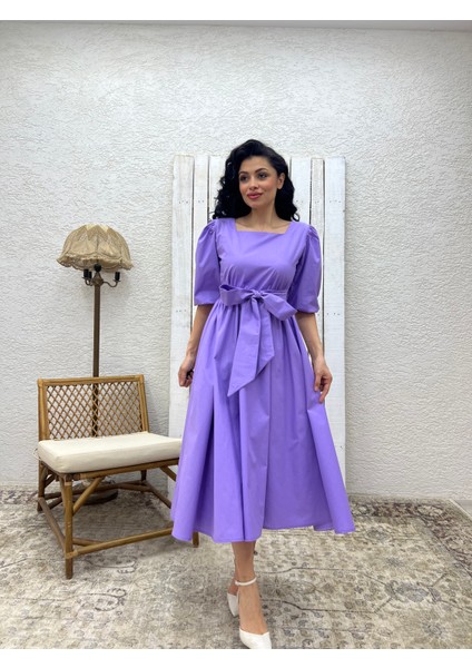 Lila Uzun Fiyonklu Kloş Poplin Elbise fırsatları