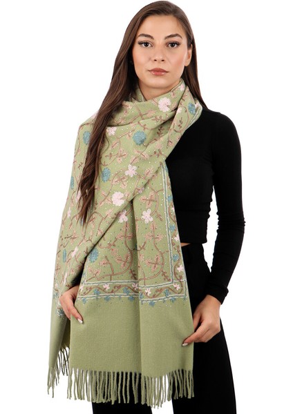 Açık Yeşil Taşlı Nakışlı Kışlık Şal