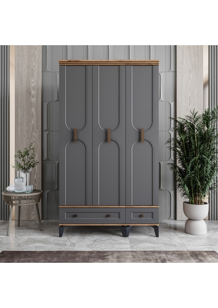 Loren 3 Kapaklı Çekmeceli Gardırop Tamamı Mdf (Antrasit)