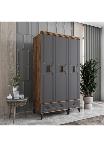 Loren 3 Kapaklı Çekmeceli Gardırop Tamamı Mdf (Antrasit) fiyatları