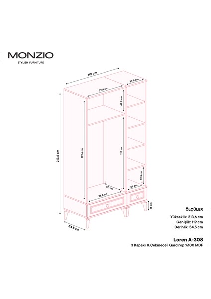 Loren 3 Kapaklı Çekmeceli Gardırop Tamamı Mdf (Antrasit) fırsatları
