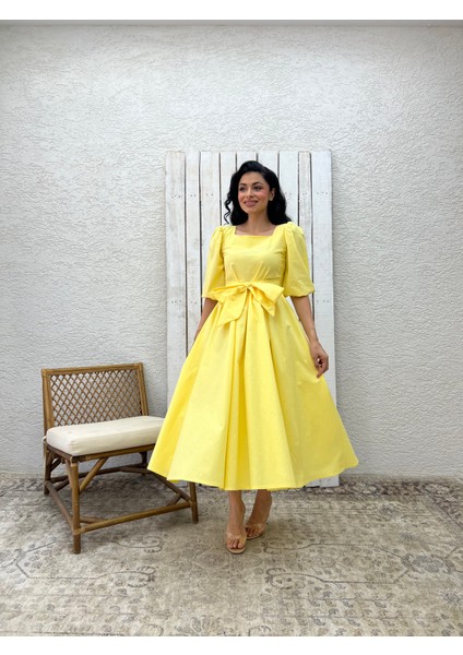 Sarı Uzun Fiyonklu Kloş Poplin Elbise fırsatları