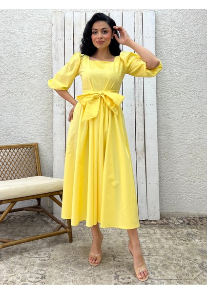 Sarı Uzun Fiyonklu Kloş Poplin Elbise