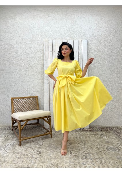 Sarı Uzun Fiyonklu Kloş Poplin Elbise fiyatları