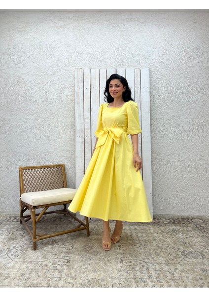 Sarı Uzun Fiyonklu Kloş Poplin Elbise modelleri